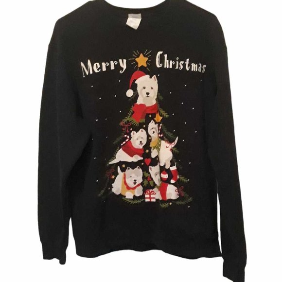 West Highland White Terrier Xmas Tree Dog Black Crew neck Sweatshirt Size L - Picture 1 of 4